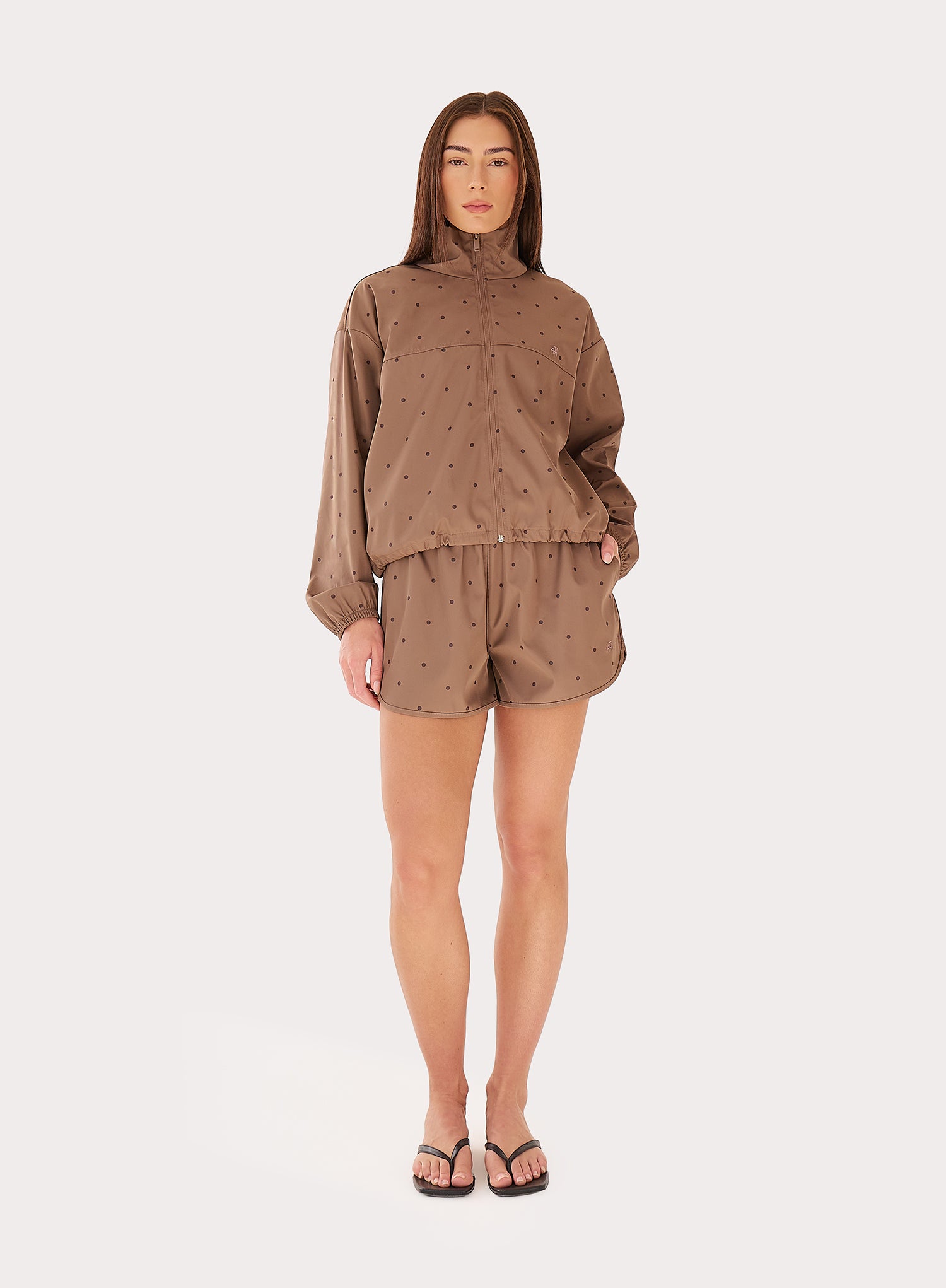 Brown Polka Dot Funnel Neck Track Jacket